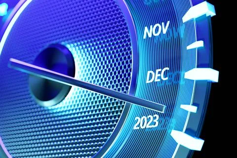 3D illustration close up black speedometer with cutoffs 2023 and calendar mon Stock Illustration