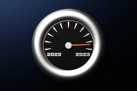 3D illustration close up black speedometer with cutoffs 2022,2023 and calenda Stock Illustration