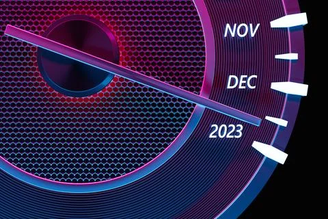3D illustration close up black speedometer with cutoffs 2023 and calendar mon Stock Illustration