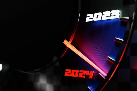 3D illustration close up black speedometer with cutoffs 2023,2024. The concep Stock Illustration