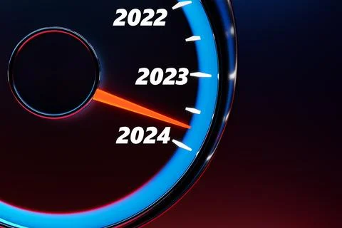 3D illustration close up black speedometer with cutoffs 2023,2024. The concep Stock Illustration