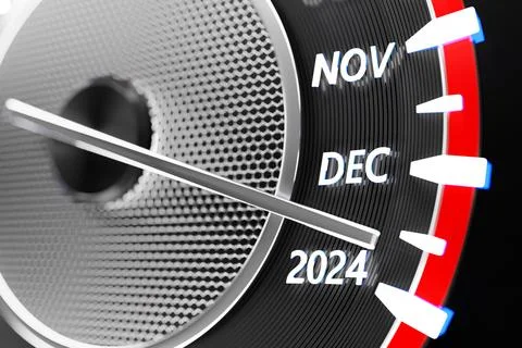 3D illustration close up black speedometer with cutoffs 2023,2024. The concep Stock Illustration