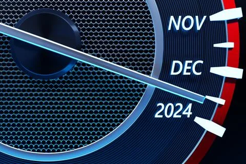 3D illustration close up black speedometer with cutoffs 2023,2024. The concep Stock Illustration