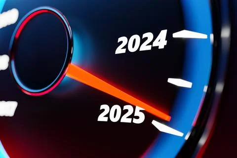 3D illustration close up black speedometer with cutoffs 2024,2025 . The conce Stock Illustration