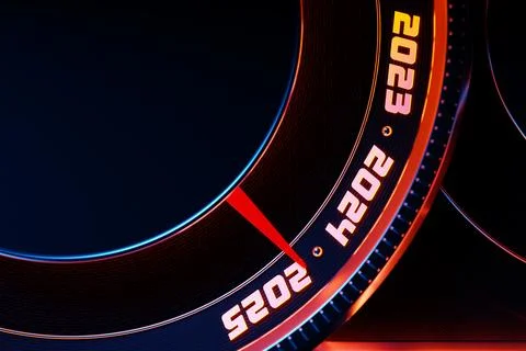 3D illustration close up black speedometer with cutoffs 2024,2025 . The conce Stock Illustration