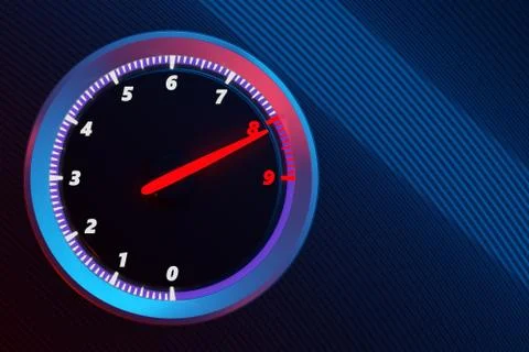 3D illustration close up blue car panel, digital bright tachometer. Tachomete Stock Illustration