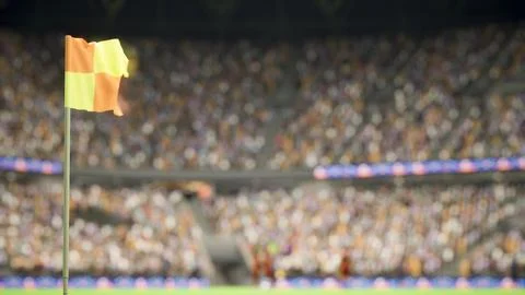 3D illustration close up of corner flag on soccer stadium pitch with fans Stock Illustration
