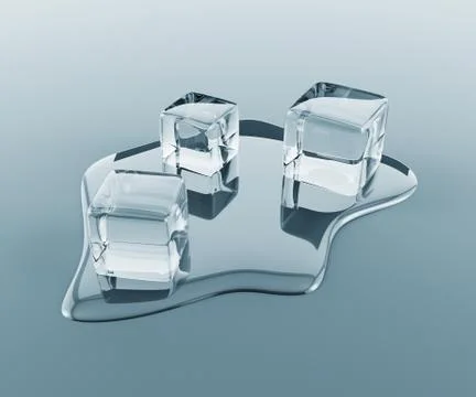 3D illustration of close up ice cubes melting isolated on grey background. Stock Illustration