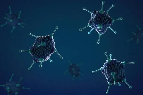 3d illustration, close up of microscope Adoeno Virus on a blue background ... Foto stock