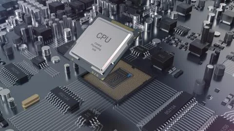 3D Illustration close-up view electronic circuit board. Computer technology Illustrazione stock