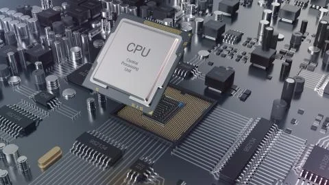 3D Illustration close-up view electronic circuit board. Computer technology 스톡 일러스트