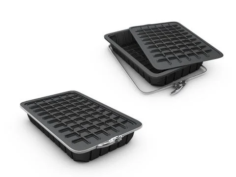 3d Illustration of Closed Opened Black Blank Food Plastic Box Container. Stock Illustration