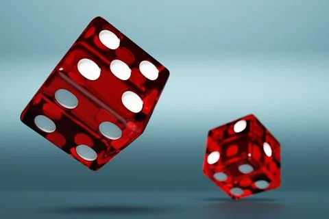 3D illustration closeup of a pair of red dices over  blue background. Red dic Ilustração Stock