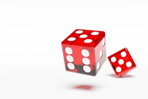 3D illustration closeup of a pair of red dices over white background. Red dic Ilustração Stock