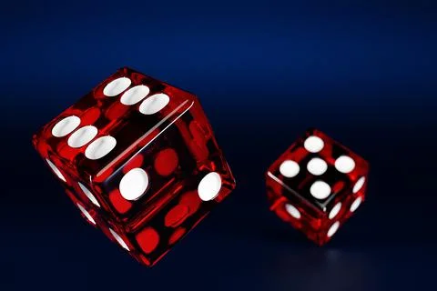 3D illustration closeup of a pair of red dices over dark background. Red dice Ilustração Stock