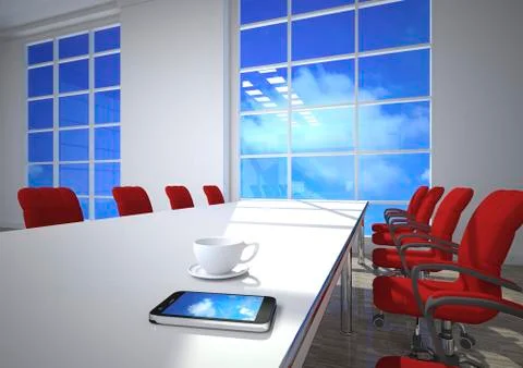 3D Illustration, cloud computing, smartphone on conference table Stock Photos