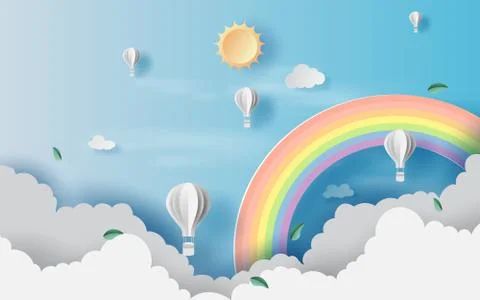 3D Illustration of cloudscape view scenery with hot air balloons float up 스톡 일러스트