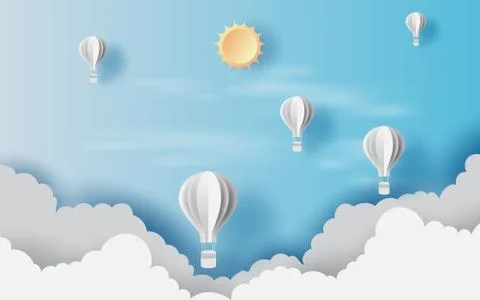 3D Illustration of cloudscape view scenery with hot air white balloons float Illustrazione stock