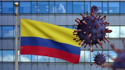 3D illustration Colombian flag on skyscraper city. Coronavirus Covid19 Virus-Dan Stock Footage