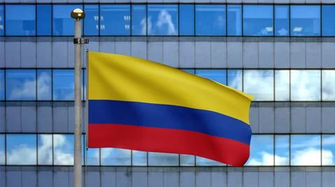 3D illustration Colombian flag in skyscraper city. Tower with Colombia banner Ilustración de archivo