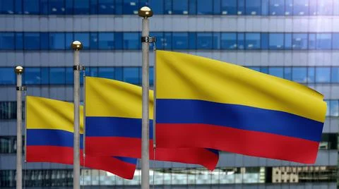 3D illustration Colombian flag in skyscraper city. Tower with Colombia banner Ilustración de archivo