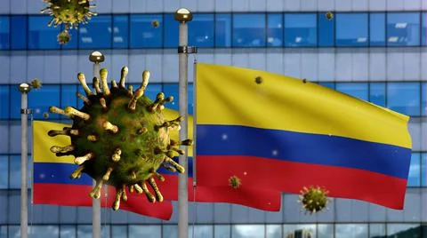 3D illustration Colombian flag on skyscraper city. Coronavirus outbreak. Covi Ilustración de archivo