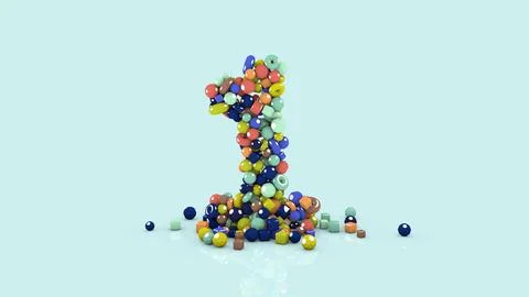 3D illustration from colored objects, colorful number one, from falling shapes Illustrazione stock