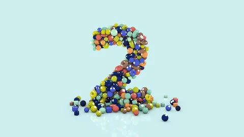 3D illustration from colored objects, colorful number two, from falling shapes Illustrazione stock