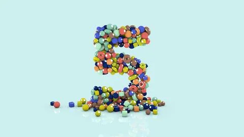 3D illustration from colored objects, colorful number five, from falling shapes Illustrazione stock