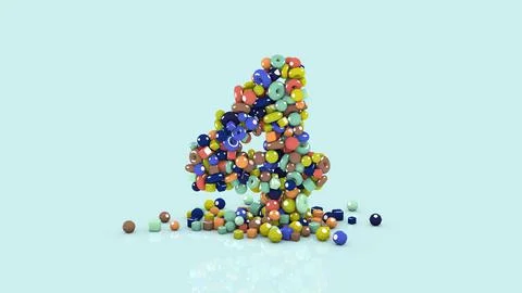 3D illustration from colored objects, colorful number four, from falling shapes Illustrazione stock