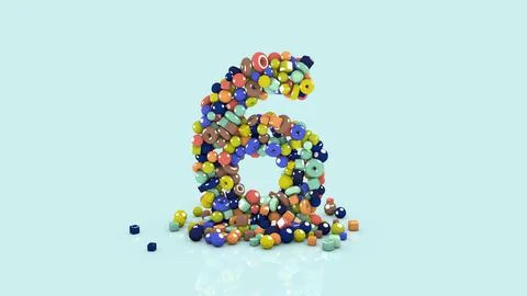 3D illustration from colored objects, colorful number six, from falling shapes Illustrazione stock