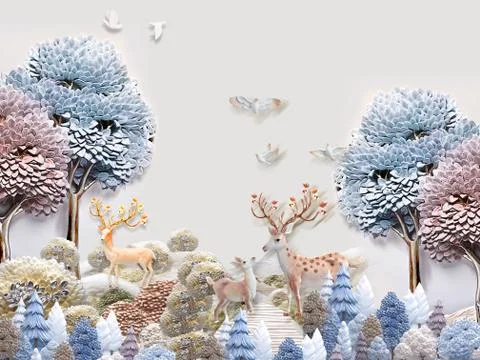3d illustration, colored trees, white birds, two deer with a calf Stock Illustration