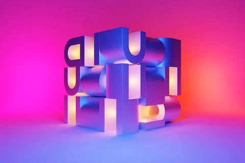 3D illustration of a  colorful node under pink neon lights. Fantastic  shape  Stock Photos