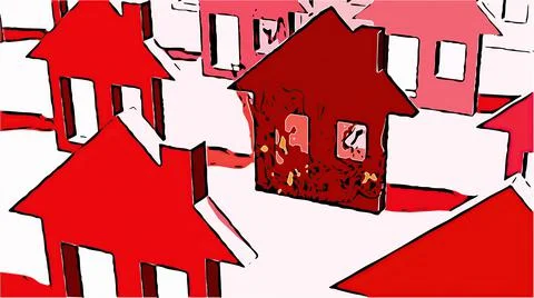 3d illustration in comic style - Burning home icon in flames Stock Illustration