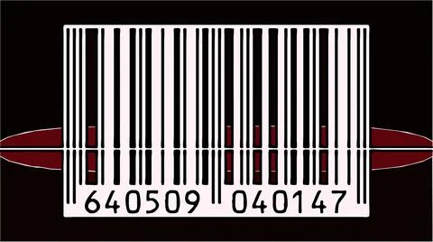 3d illustration in comic style - Reading a bar code with red beam Stock Illustration