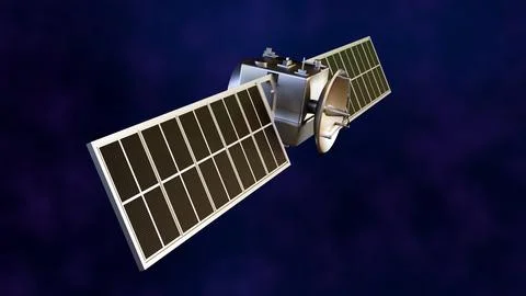 A 3D illustration of a communications satellite orbiting in deep space. Stock Illustration