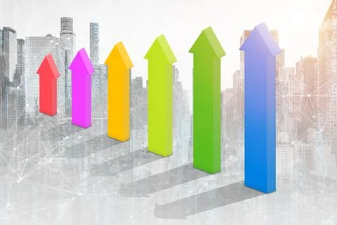 3D illustration composing with business building and stock chart.Symbol arrow Stock Illustration