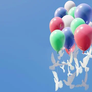 3D illustration of composition with balloons, doves and copy space. Stock Illustration