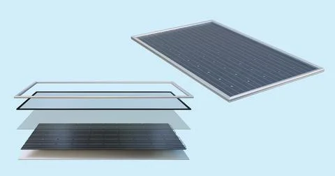 3d illustration of the composition of the solar battery side view Frame, Illustrazione stock