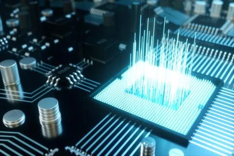 3D illustration computer chip, a processor on a printed circuit board. The Illustrazione stock