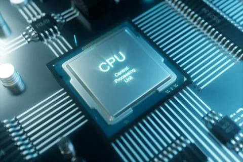 3D illustration computer chip, a processor on a printed circuit board. The Stock Illustration