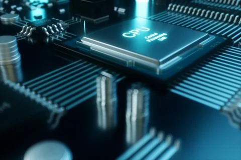 3D illustration computer chip, a processor on a printed circuit board. The Stockillustratie