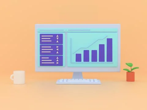 3d illustration of a computer desk with a coffee cup and a plant on an isolated Stock Illustration