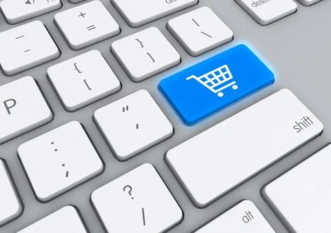 A 3D illustration of a computer keyboard with a colored key with the shopping Illustrazione stock