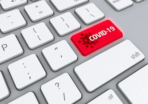 A 3D illustration of a computer keyboard with a colored key written COVID-19 Stock Illustration