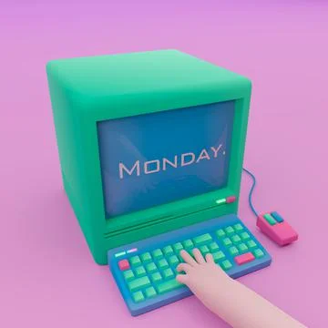 3D illustration. Computer with keyboard, mouse and hand on keys. Illustrazione stock