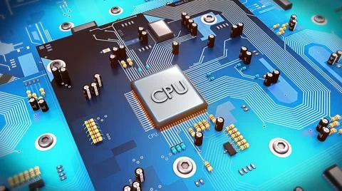 3d illustration of a computer processor on circuit board 스톡 일러스트