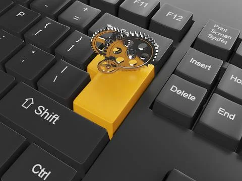 3d illustration of computer technologies. the button with the arrangements at Stock Illustration