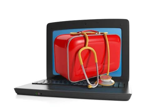 3d illustration of computer technologies. first-aid kit and a laptop, order f Stock Illustration