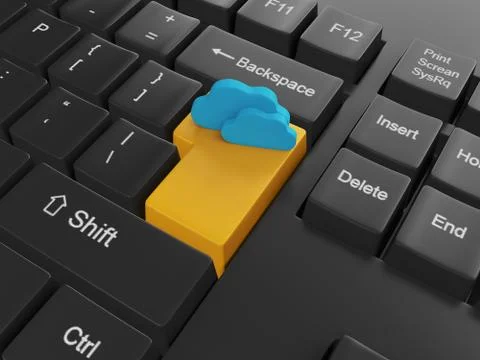 3d illustration of computer technologies. keyboard and the button with clouds Stock Illustration